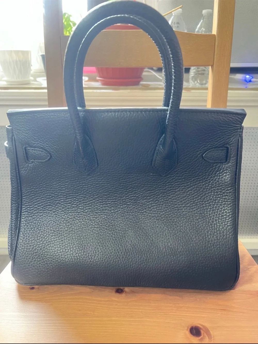 Black Leather Satchel Handbag with Gold Hardware